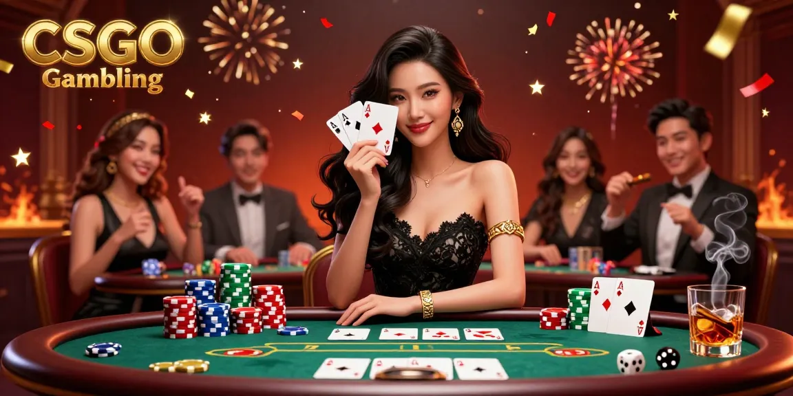 Berpartisipasi dalam Perjudian CSGO saat seorang wanita Asia yang anggun memamerkan kartu kemenangan di kasino mewah.