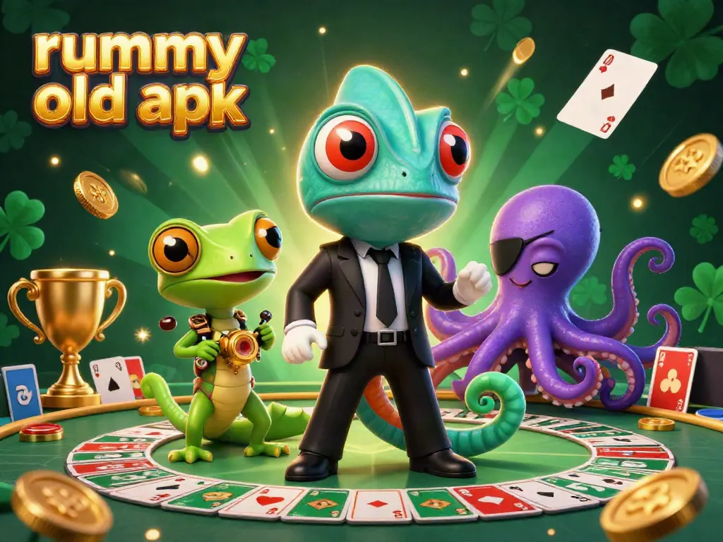 Players engage with rummy old apk in a vibrant scene featuring animated cards and gold trophies.