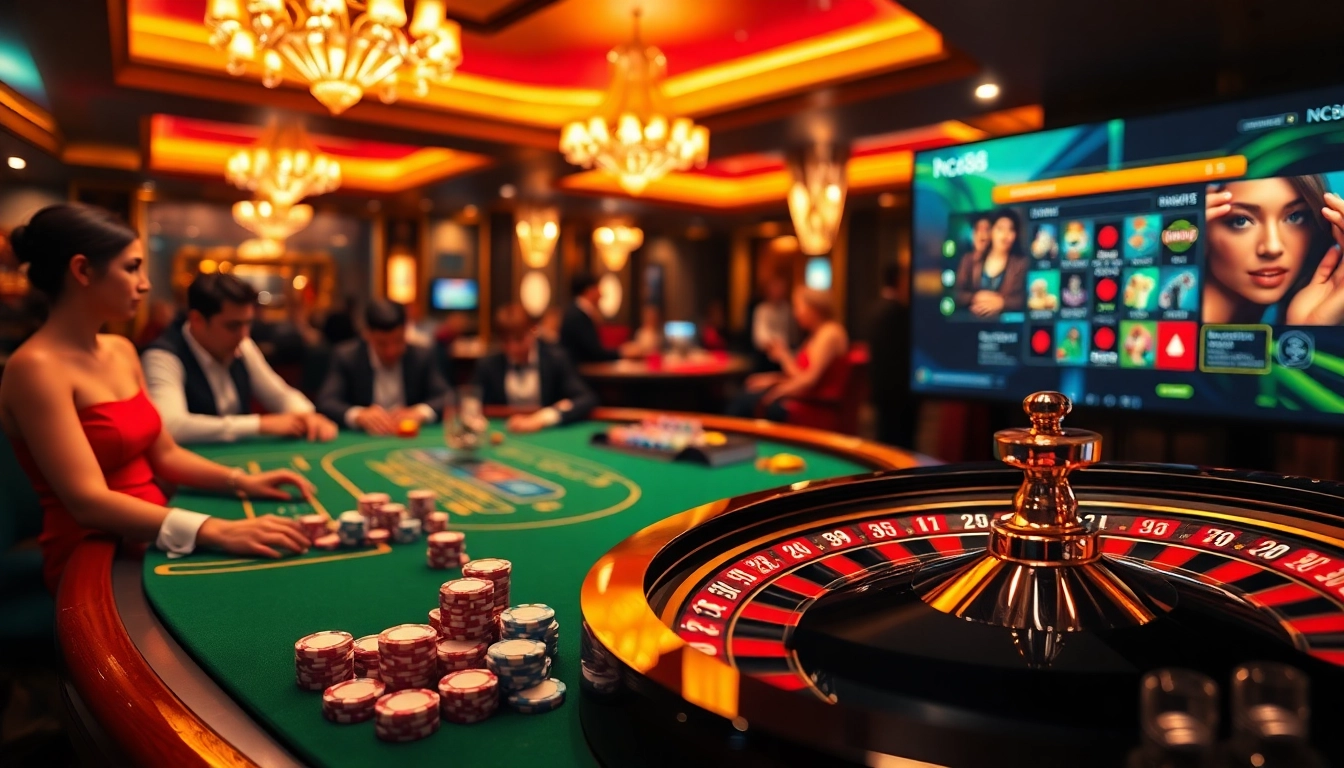 Engaging casino scene featuring Nc88 poker chips and roulette wheel, embodying excitement and luxury.