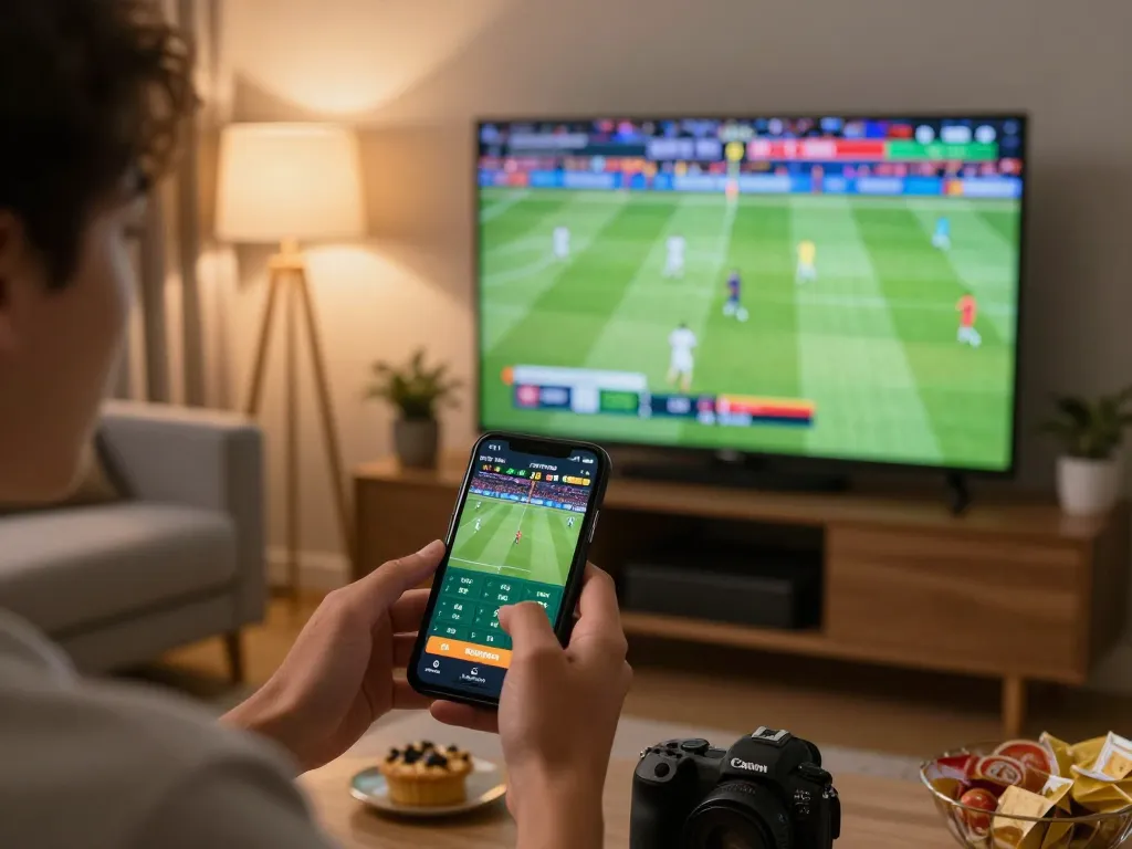Place sports bets on jagoan86 using a smartphone in a cozy living room with exciting gameplay visible.