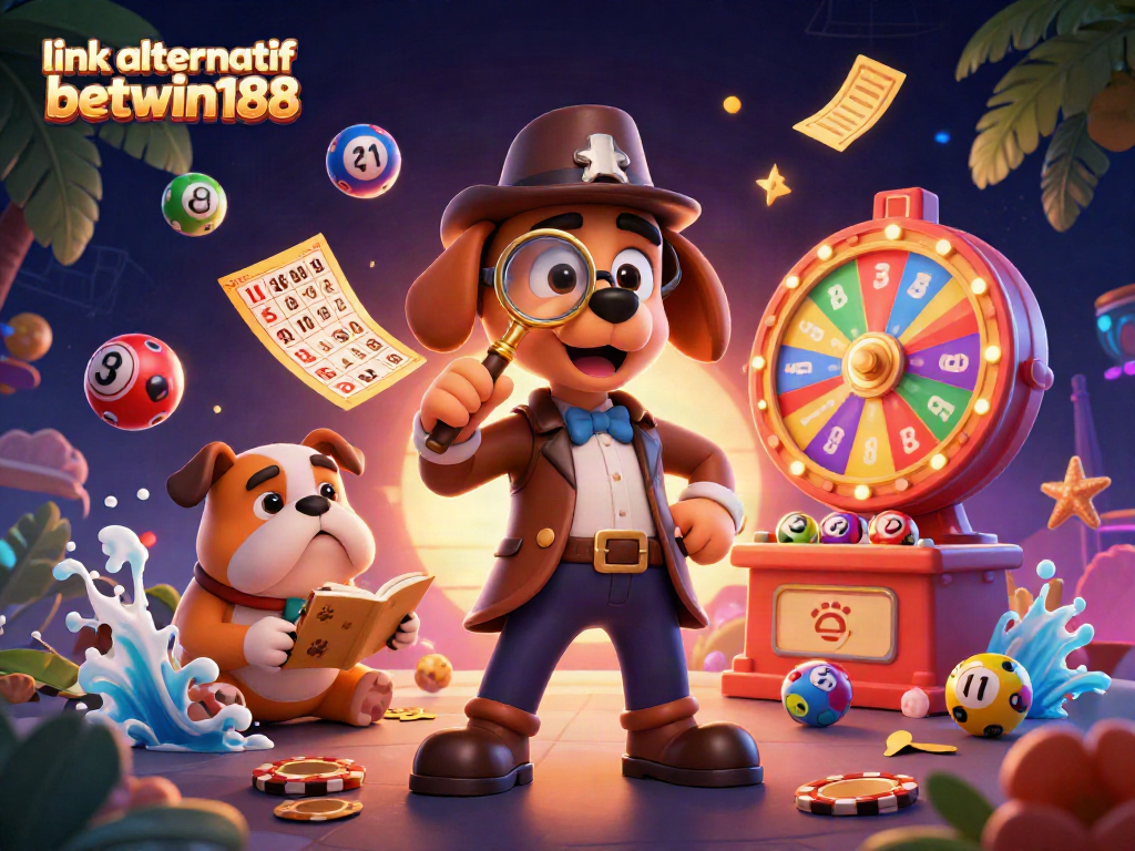 Experience link alternatif betwin188 through a vibrant scene of a detective and companion exploring poker clues surrounded by lottery elements.