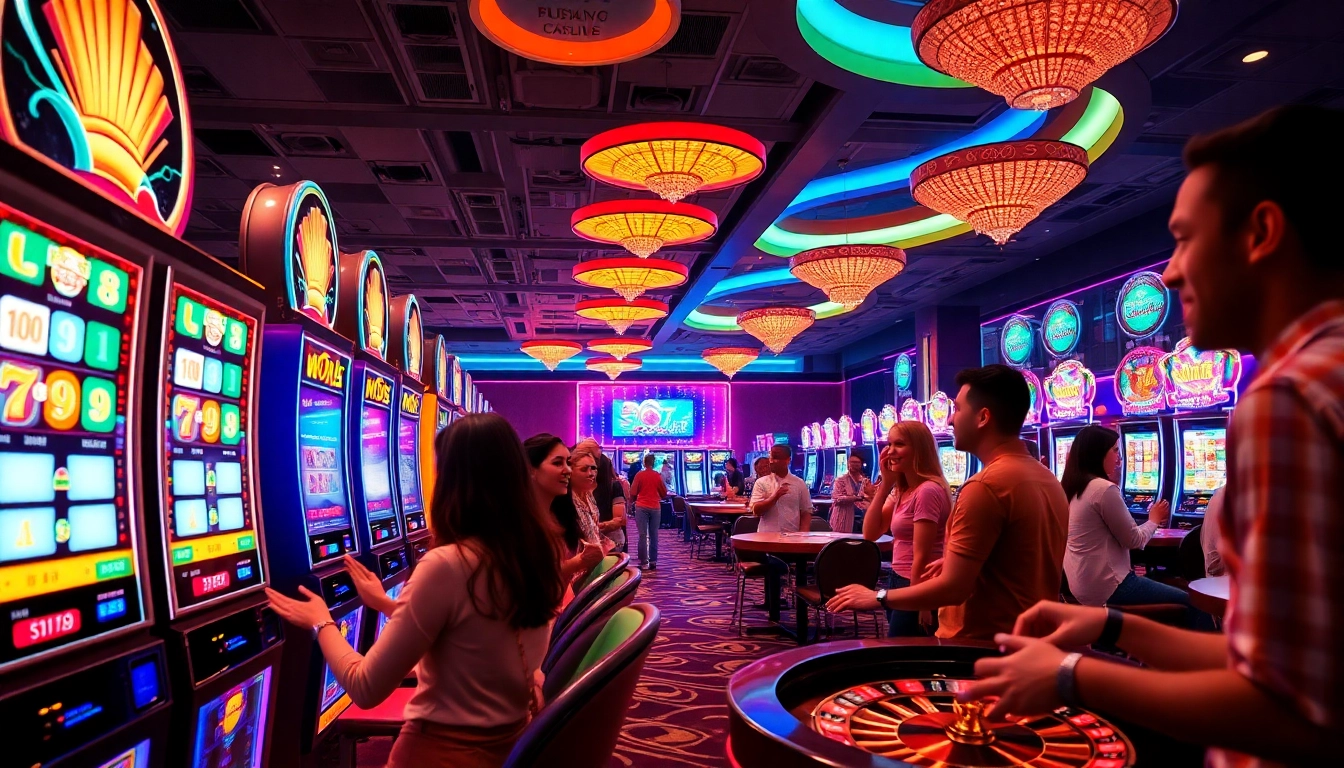 Players experiencing slot777 login excitement at a vibrant casino, surrounded by slot machines and poker chips.