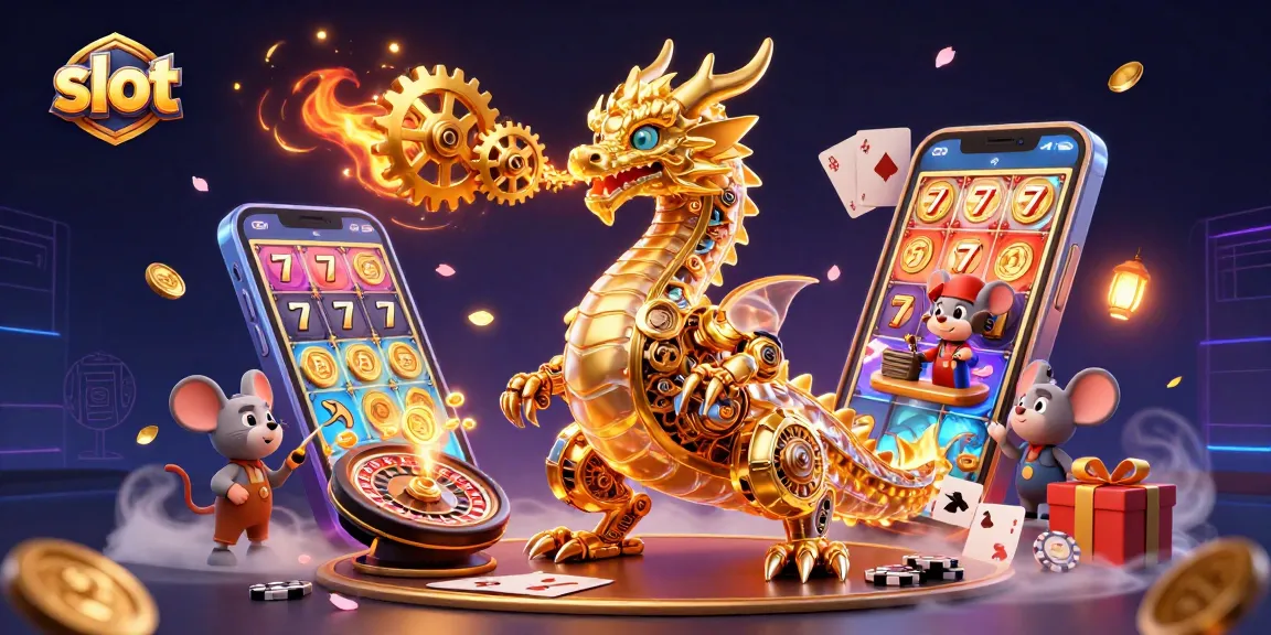 Experience thrilling slot action with vibrant 3D illustrations of a golden dragon and slot game elements.