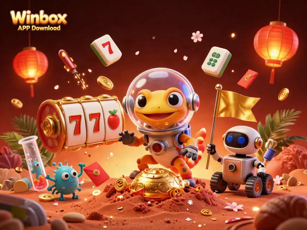 Winbox APK Download for thrilling casino adventures with a 3D Martian gecko exploring a golden casino.