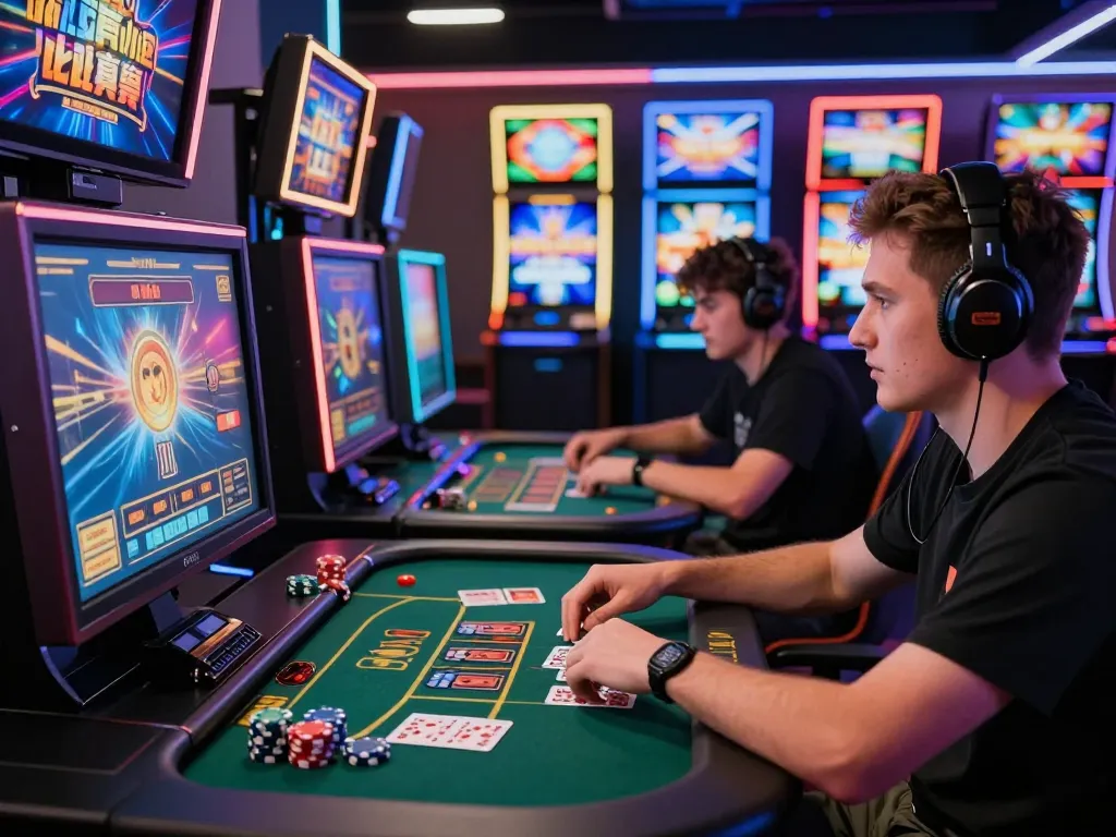 Enthusiastic gamers playing at a modern online casino station, featuring winstrike69.