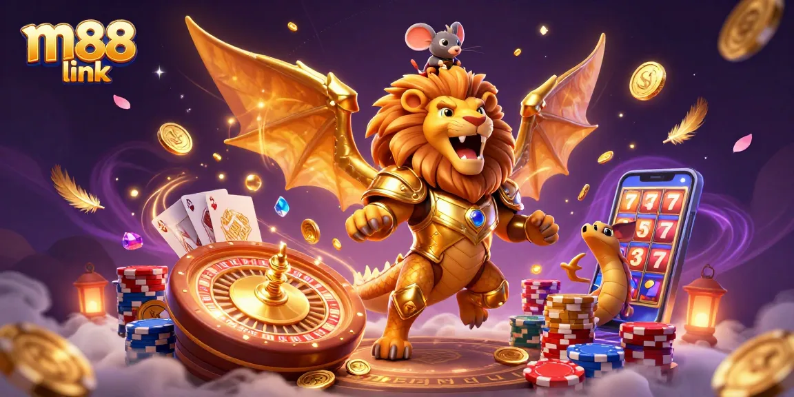 Witness the m88 link with a cartoon chimera and golden casino elements in a vibrant online gaming illustration.