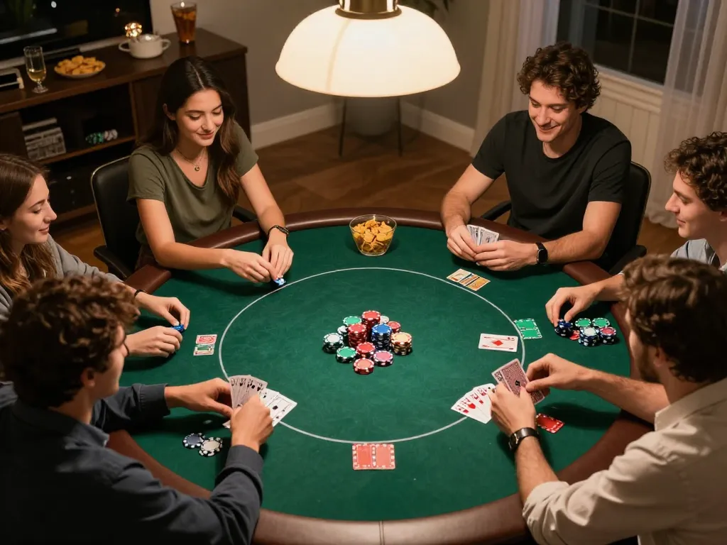 Players enjoying an intense poker game night with SC88-themed chips and cards, showcasing strategic gameplay.