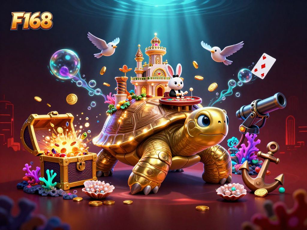 Experience thrilling gameplay at F168 with a giant tortoise casino and winning cards!