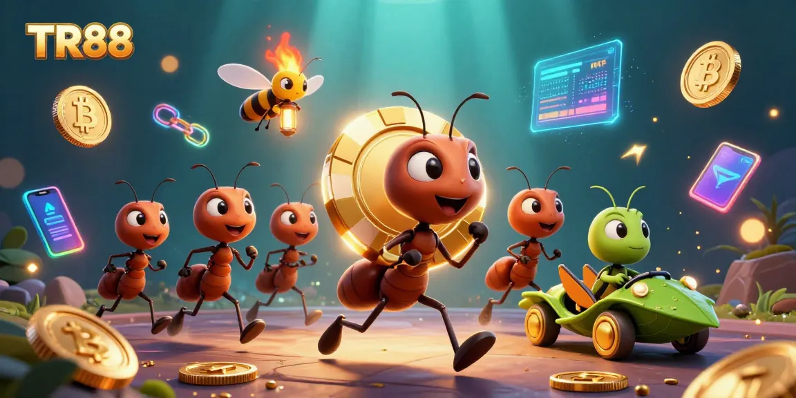 TR88 ants conduct a casino heist while showcasing vibrant cryptocurrencies in an engaging digital illustration.