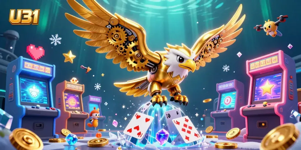 Engage in thrilling gameplay at U31 with a vibrant illustration featuring a cybernetic eagle amidst colorful casino elements.