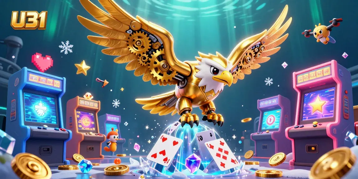 Engage in thrilling gameplay at U31 with a vibrant illustration featuring a cybernetic eagle amidst colorful casino elements.