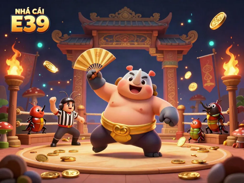 Witness the NHÀ CÁI E39 casino magic as the sumo champion beetle triumphs in a vibrant golden arena.