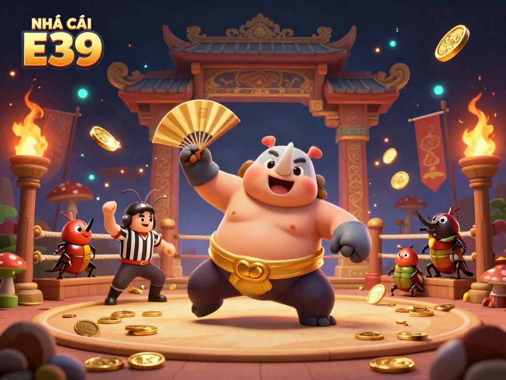 Witness the NHÀ CÁI E39 casino magic as the sumo champion beetle triumphs in a vibrant golden arena.