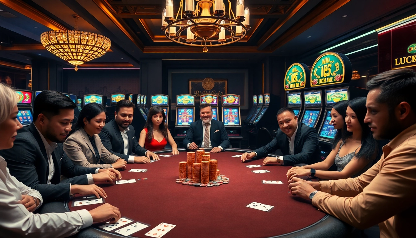 Players enjoying an exciting poker game at LUCK8 casino, featuring elegant decor and vibrant atmosphere.