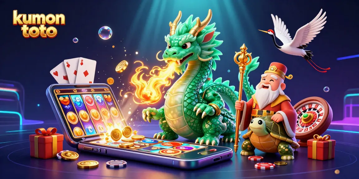 Engage with kumon toto in a vibrant, dynamic casino scene filled with colorful slot games and lucky symbols.