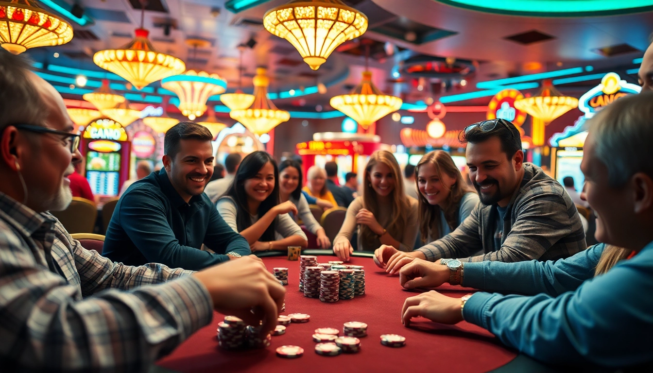 Bermain idnpoker di meja poker yang ramai di kasino, dipenuhi dengan kebisingan dan kegembiraan.