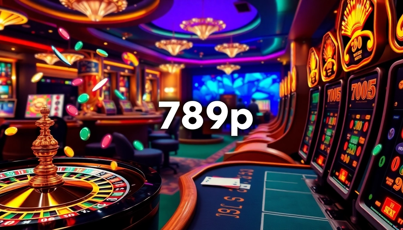 An exciting online gambling scene with 789p logo, roulette wheel, poker table, and colorful chips.