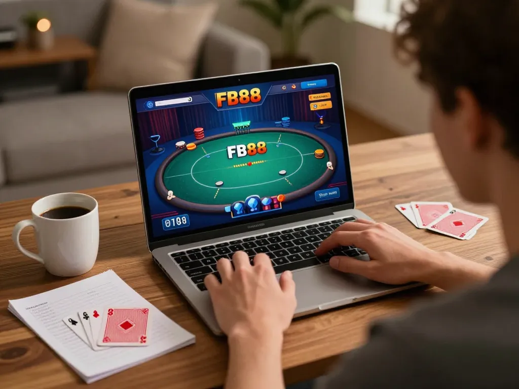 Engaged player exploring FB88's poker game on a laptop in a cozy home environment.