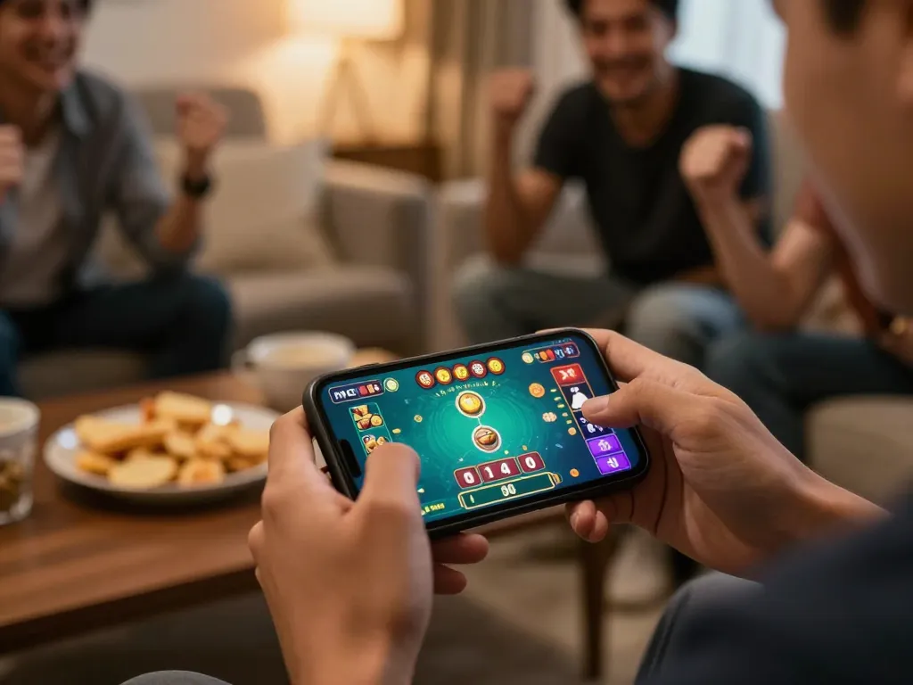 xóc đĩa online gameplay on mobile device at home, player immersed in betting excitement.