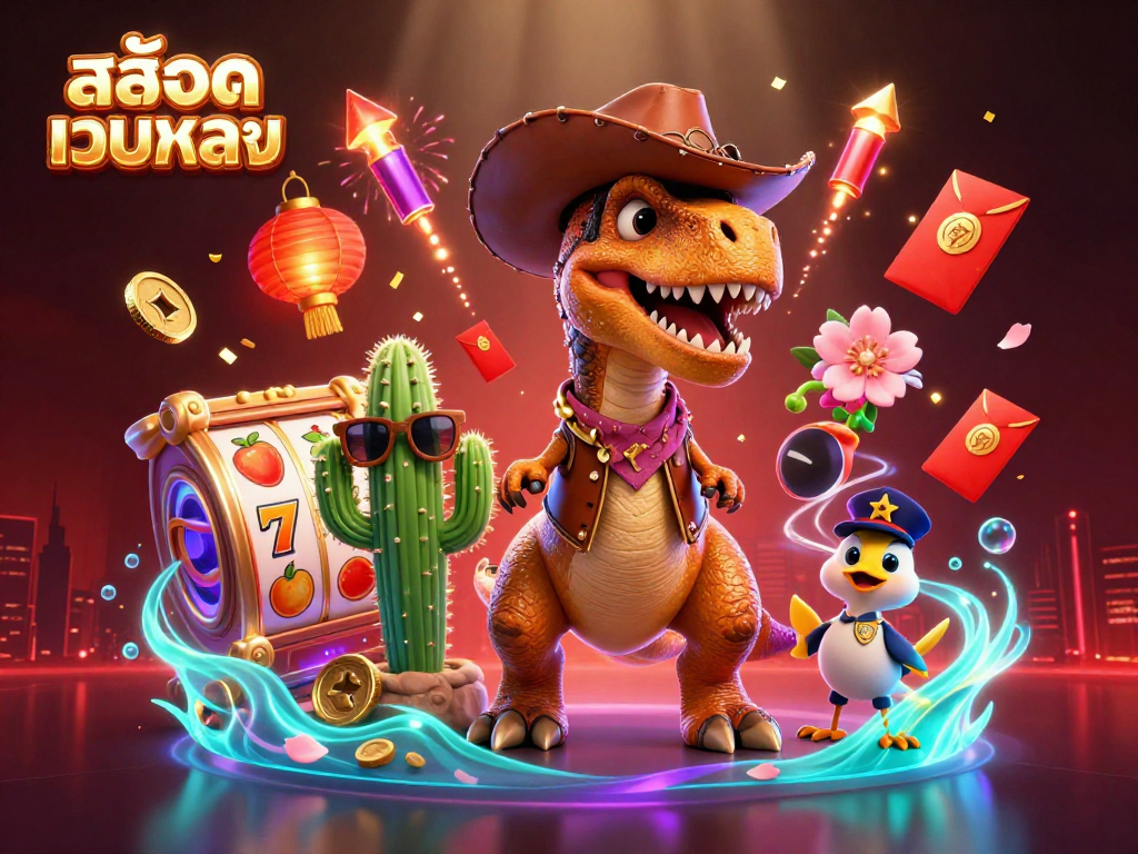 Engage in สล็อตเว็บตรง excitement with dynamic T-Rex and friends celebrating in a casino scene.