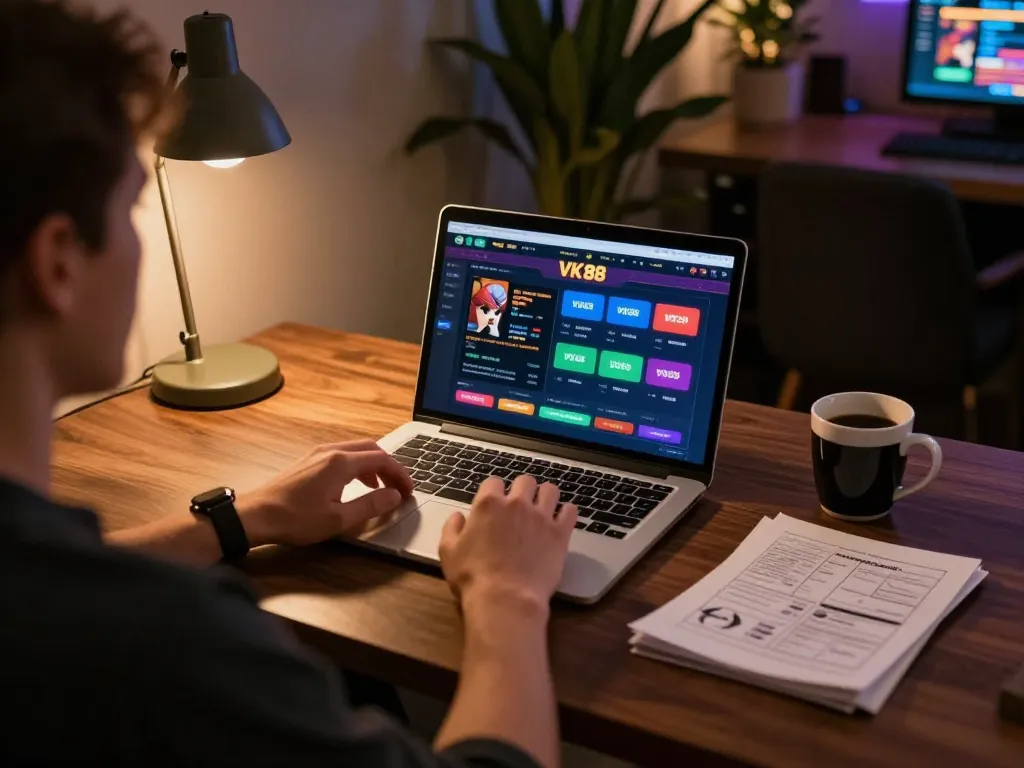 Player enjoying VK88 online casino game on a cozy home desk setup.
