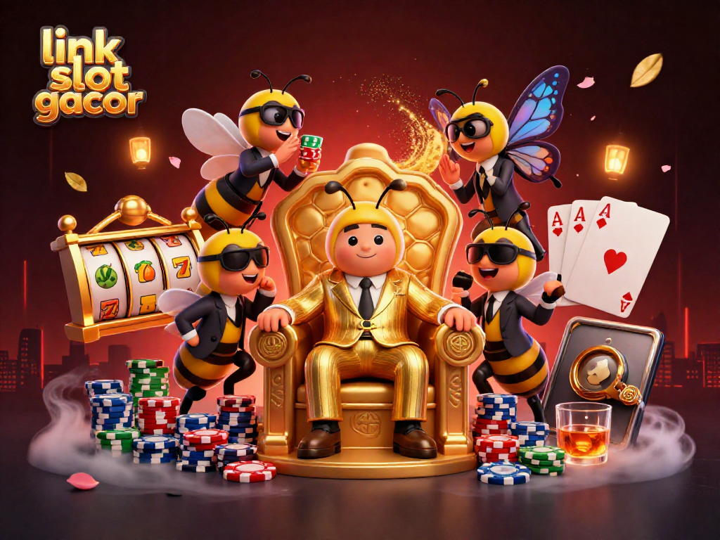 Gambar ilustrasi kasino menampilkan link slot gacor dengan karakter unik dan elemen permainan yang menarik.
