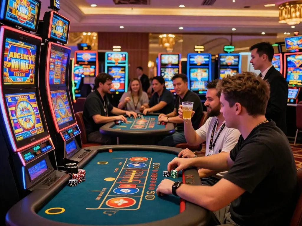 Exciting Wolfbet Promotions Page scene showing players enjoying various casino games.