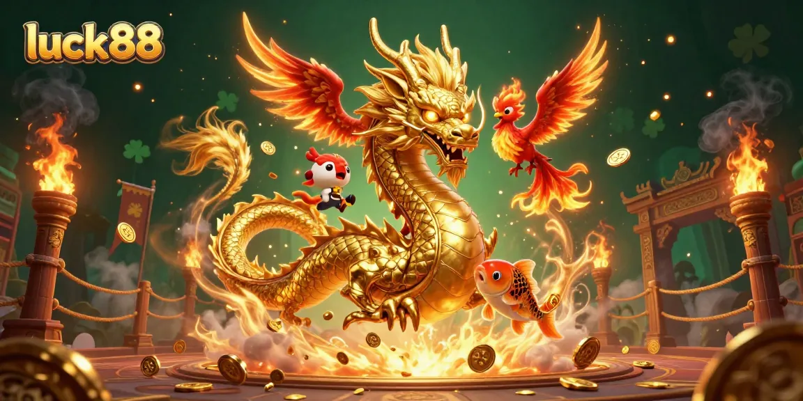 Experience the excitement of luck88 with a dynamic casino scene featuring dragons, phoenix, and golden coins.