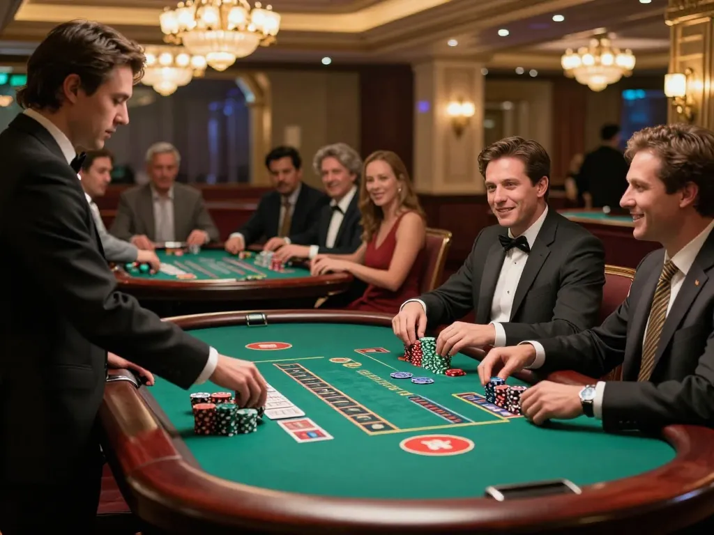 TG88 players are engaged in an exciting blackjack game at a vibrant casino, showcasing strategy and enthusiasm.