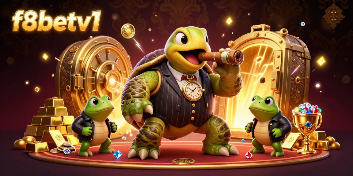 Experience excitement at f8betv1 with a vibrant illustration of a turtle mobster, bullfrog enforcers, and rich casino elements.