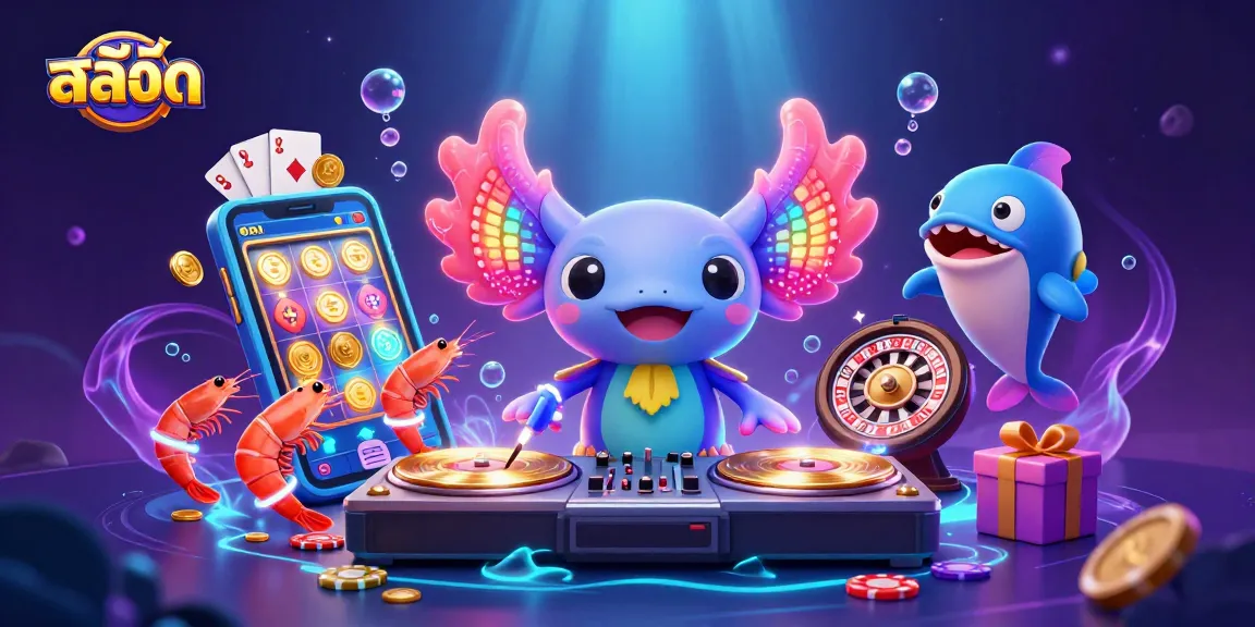 Experience สล็อต excitement in an underwater party with a neon axolotl DJ spinning vibrant reels and coins.