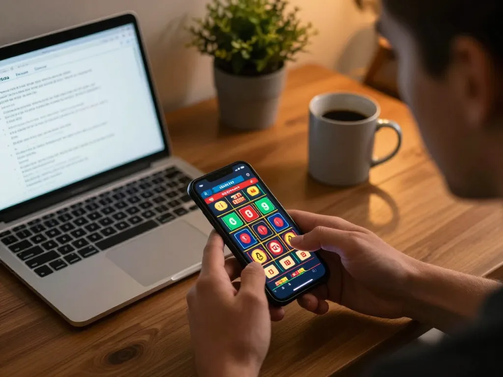 Kdtoto player placing live draw bets on a smartphone in a cozy home gaming setup.