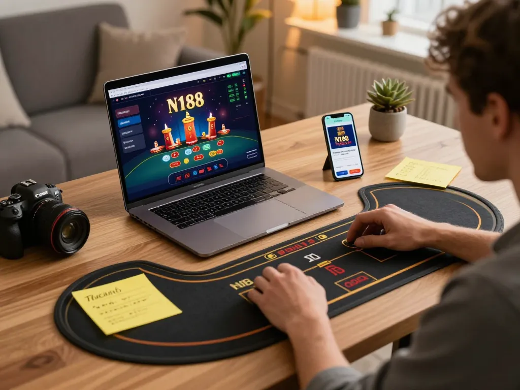 N188 player engaging in a live dealer game at home, showcasing responsible gaming and strategic betting.