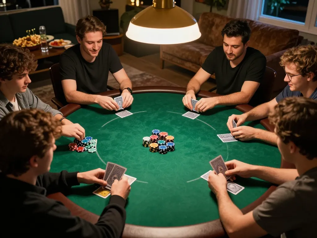 Engaging poker night at home, showcasing Pragmatic Slot strategies with players in action and vibrant chip stacks.