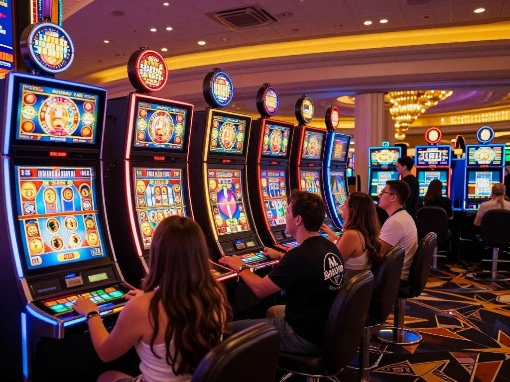 Engaging scene of Rajabet123 players celebrating wins at vibrant slot machines in a Las Vegas casino.