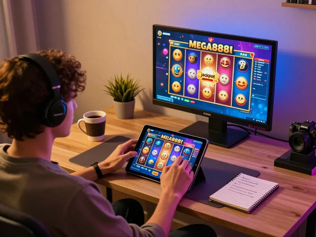 Mega888 update mobile gaming scene with a player excitedly spinning the reels on tablet.