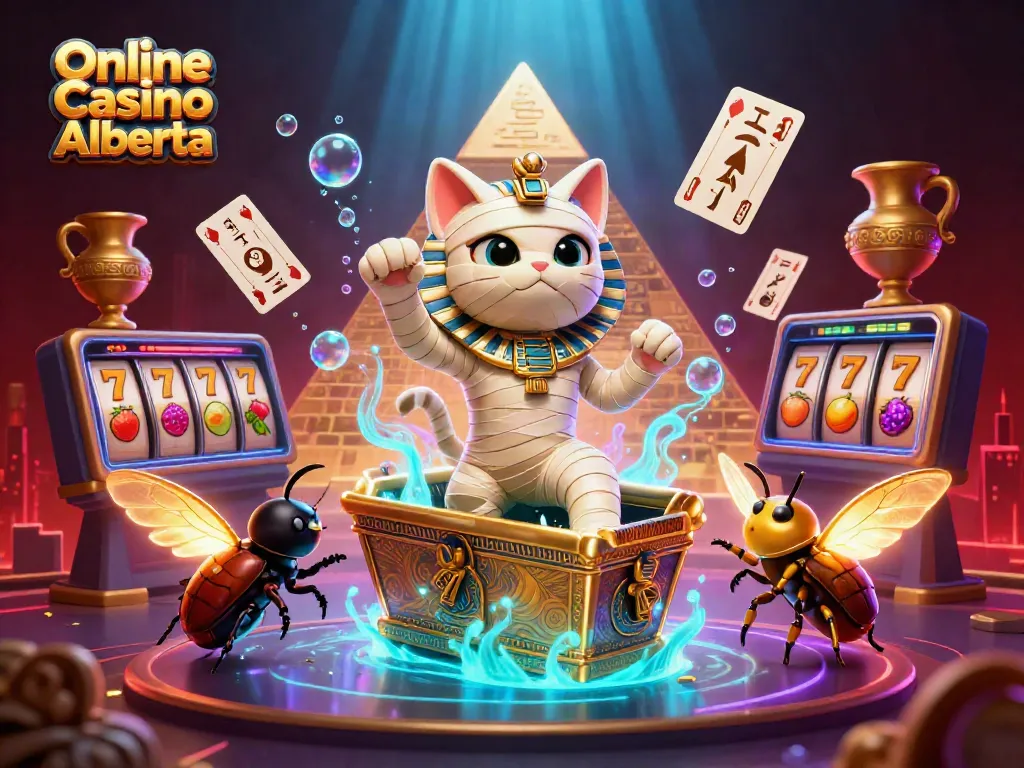Experience the thrill of Online Casino Alberta with vivid characters and exciting game elements in a dynamic illustration.