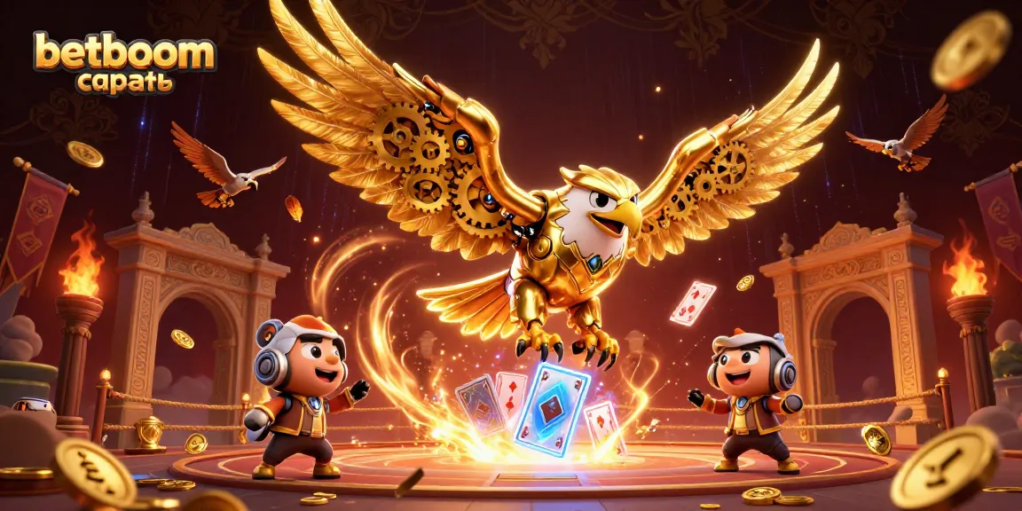 Engage with betboom скачать in a dynamic scene featuring a cybernetic eagle and holographic cards.