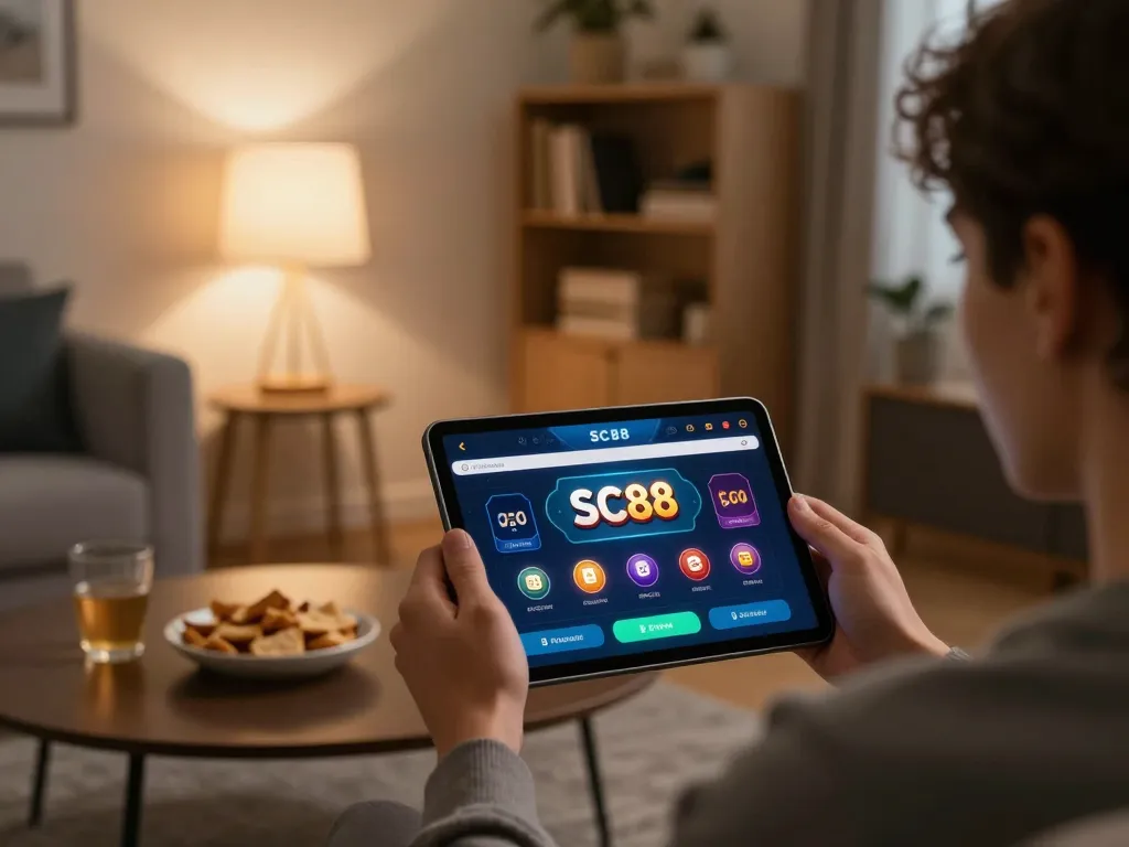 Player immersed in SC88 online casino app while enjoying a relaxed home atmosphere.