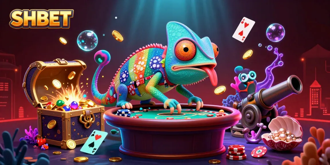 SHBET casino owner chameleon immerses in vibrant gambling scene with dynamic treasures.