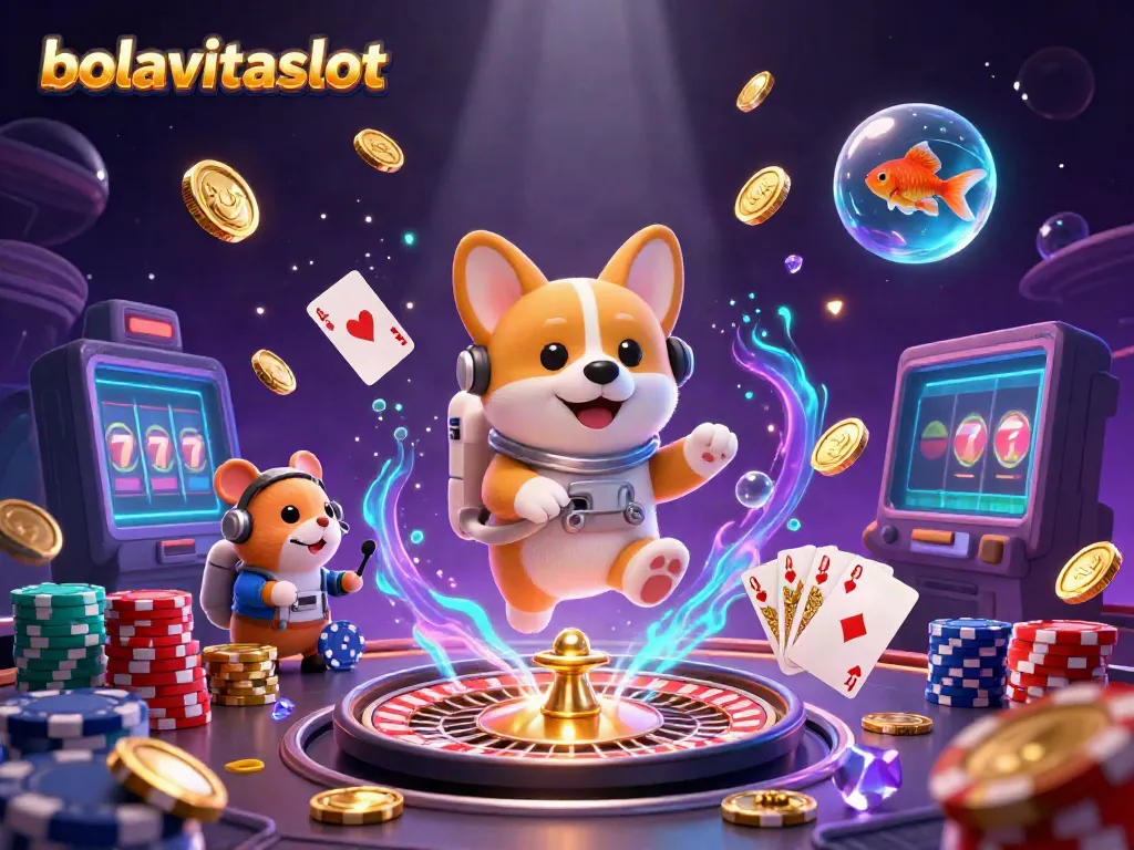 Experience thrill at bolavitaslot with 3D characters floating in a vibrant casino scene.