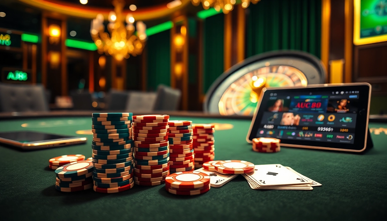 Play poker at AU88 with vibrant chips and cards, featuring an elegant casino atmosphere.