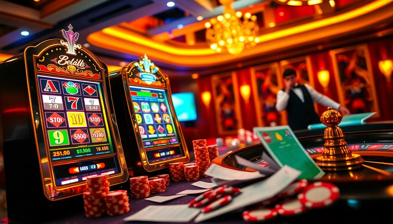 Rasakan sensasi slot gacor dengan adegan kasino online yang cerah ini menampilkan mesin slot dan chip poker.