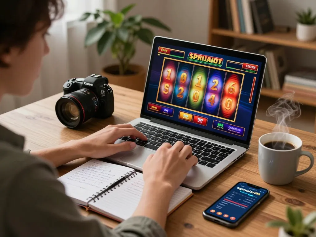 Engaging scene of online gaming with agenslot188 slot game on laptop, cozy ambiance promoting responsible gambling.