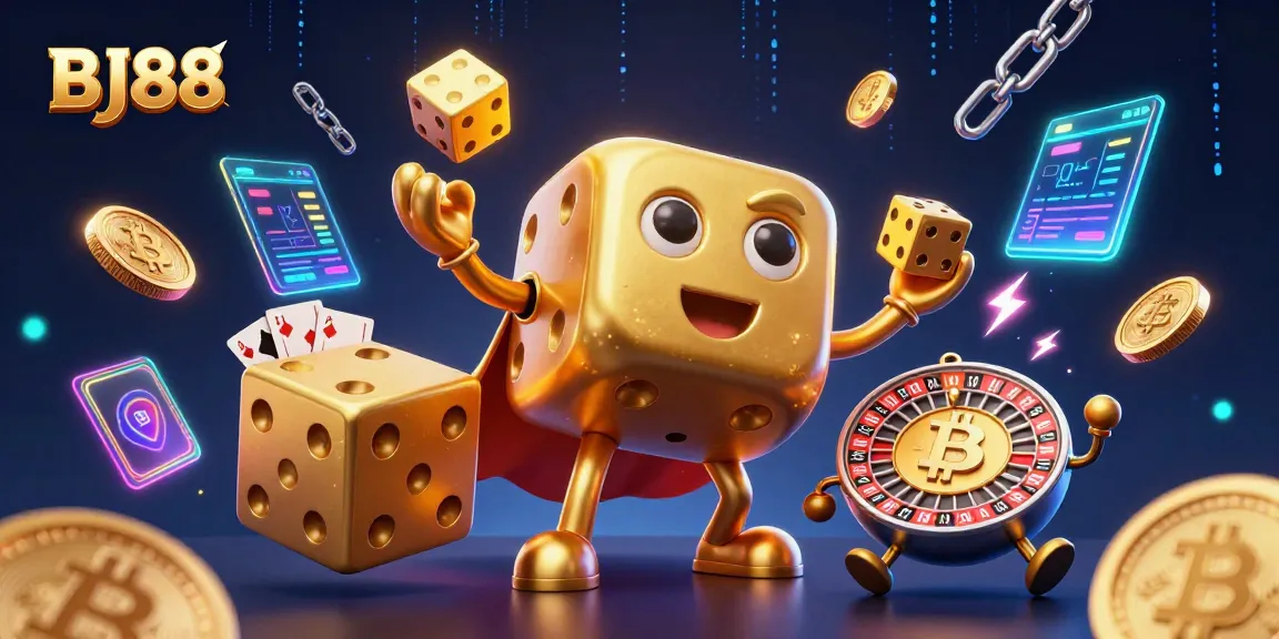 Experience the vibrant energy of BJ88 with a dynamic scene featuring golden dice, Bitcoin, and casino excitement.