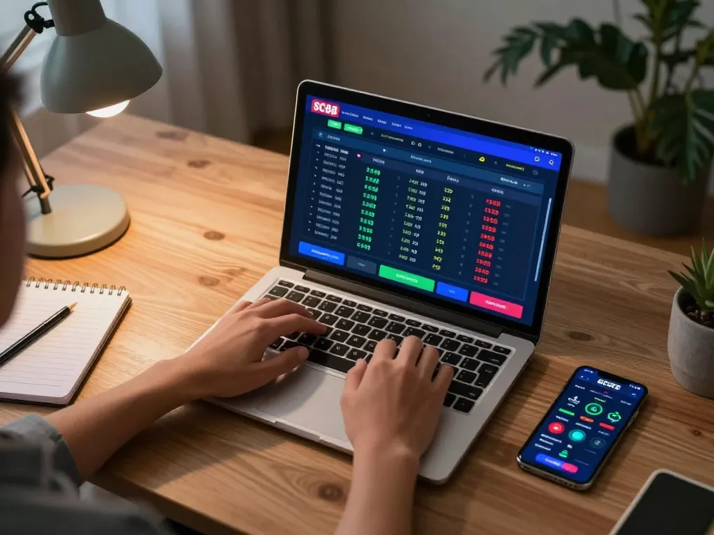 Person placing live bets on SC88 app in home office, showing betting interface on laptop.