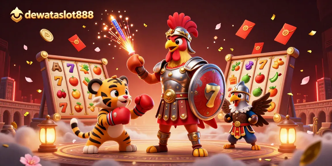 Bergabunglah di dewataslot888, dengan ilustrasi 3D menunjukkan ayam jantan centurion di arena kasino.