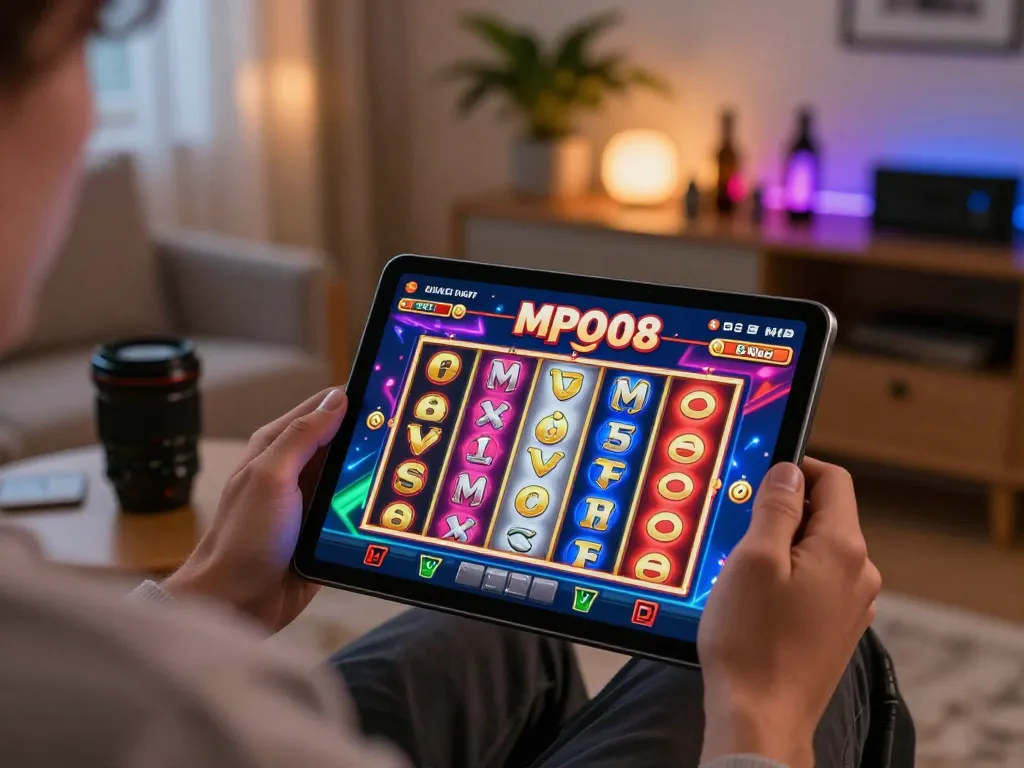 MPO08 user engaging in an exciting slot game on a tablet, showcasing vibrant graphics and a cozy playing environment