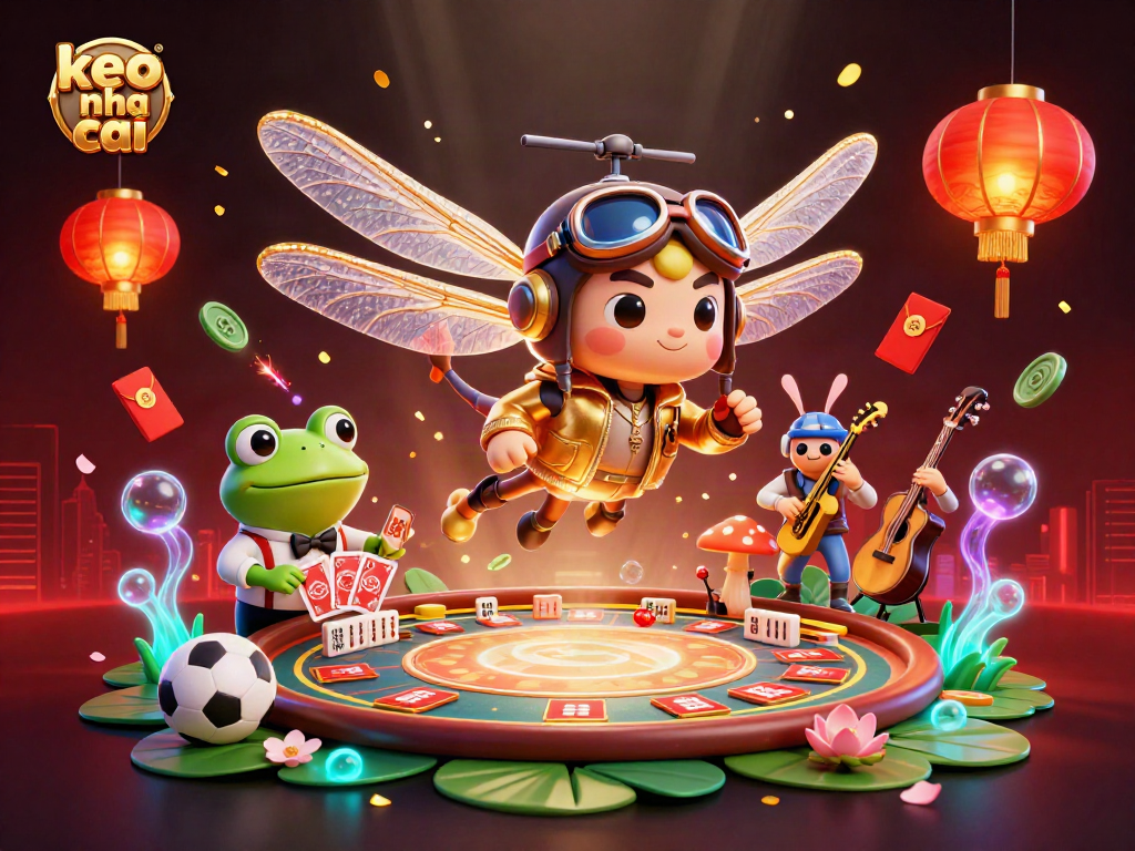 Engage in exciting keo nha cai sports betting with vibrant casino characters and festive elements in a dynamic scene.
