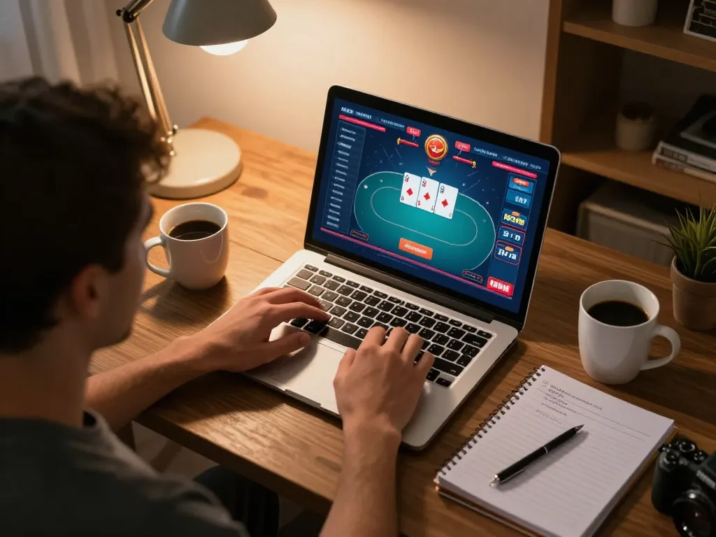 Player strategizing on F8bet online poker game with notes and drinks nearby.